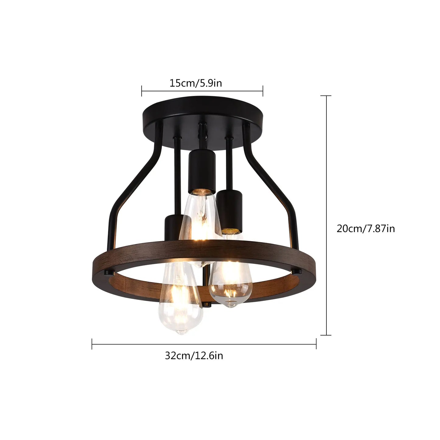 LOYALHEARTD Farmhouse Chandelier Semi Flush Mount Ceiling Light Fixture 3-Light Wooden Vintage Metal Pendant Lamp Shade