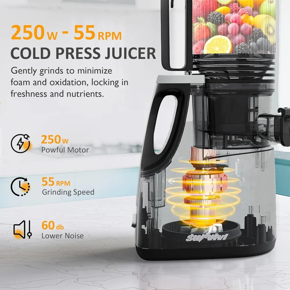 Cold Press Juicer with 5.9 Wide Feed Chute, 250W Slow Masticating Juicer Machines Fit Whole Vegetables & Fruits, Easy to