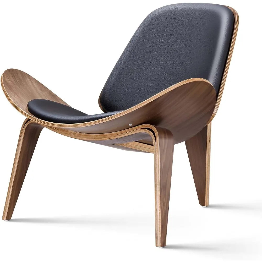 Mid Century Modern Shell Lounge Chair, PU Leather, Tripod Plywood Classic Design Solid Wood Accent Chairs for Living Room