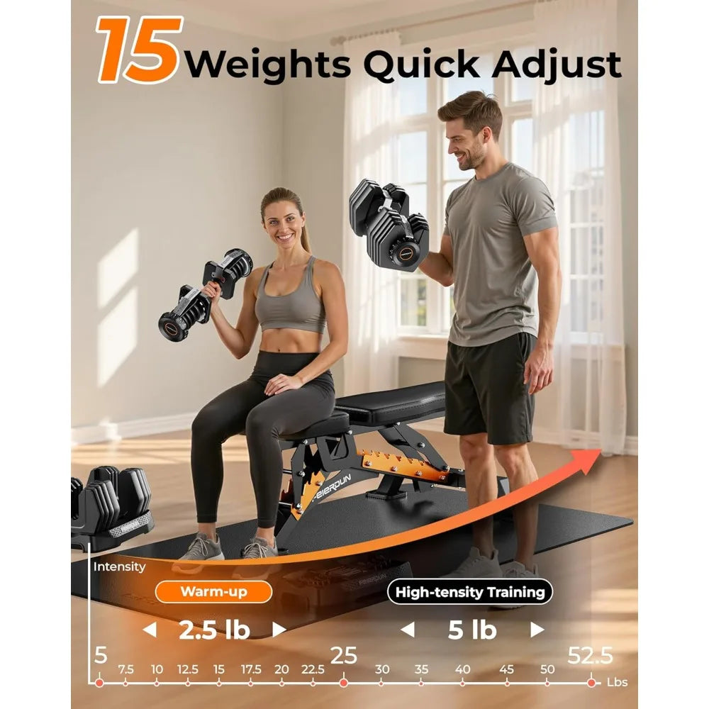 Feierdun 15-in-1 Adjustable Dumbbells, 5 to 52.5 Pounds, with Quick-Change Weight System, Non-Slip Grips, and Traction Handles