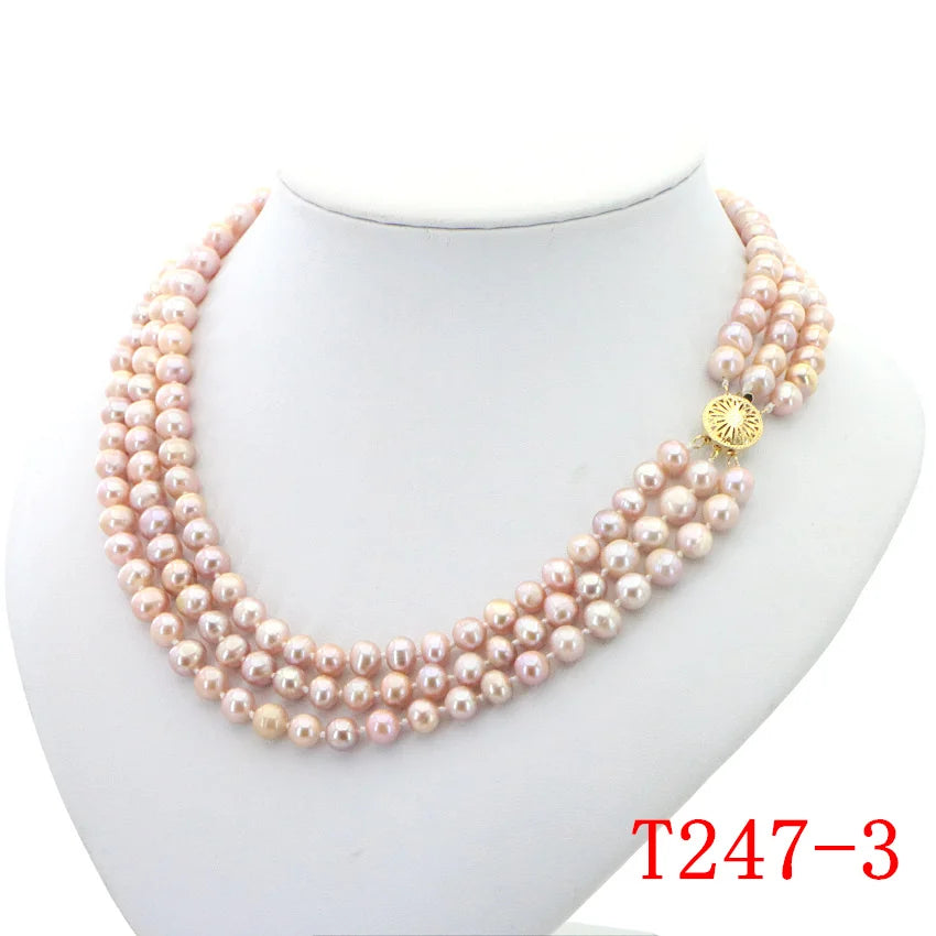 3 Rows Freshwater Pearls Necklace Wedding Jewelry Set for Women 7-8mm Beads Multicolor Selection Birthday Party Clavicle Chain
