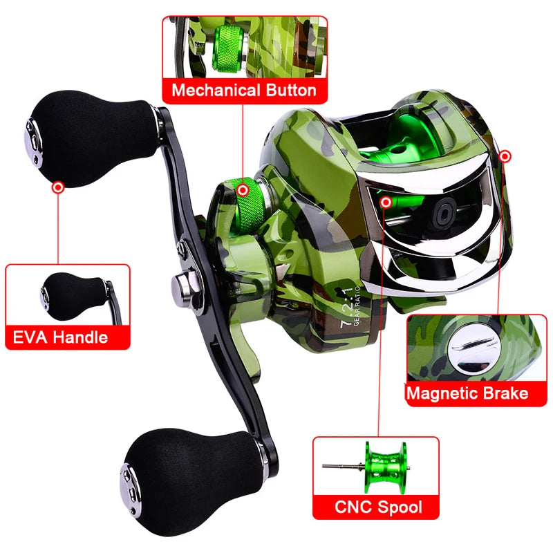 7.2:1 Gear Ratio Stainless Steel Baitcasting Reel - Adjustable 9-Brake System, 18+1 Ball Bearings, Compact Design for Fishing