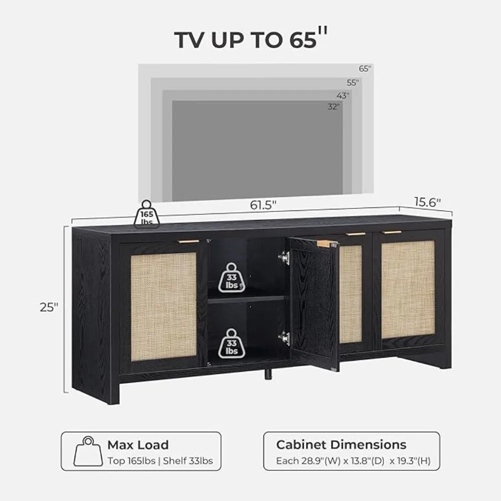 4 Rattan Cabinets Farmhouse Television Stands with Storage Large Media Console Table for TVs up to 45 50 55 60 65 Inch