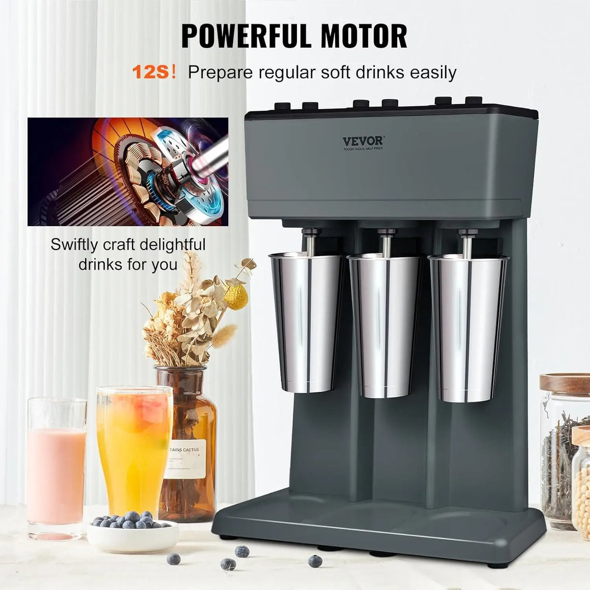Milkshake Maker, 375W x 3 Electric Milkshake Machine, Triple Heads Drink Mixer Blender Machine, 3-Speed Milkshake Mixer