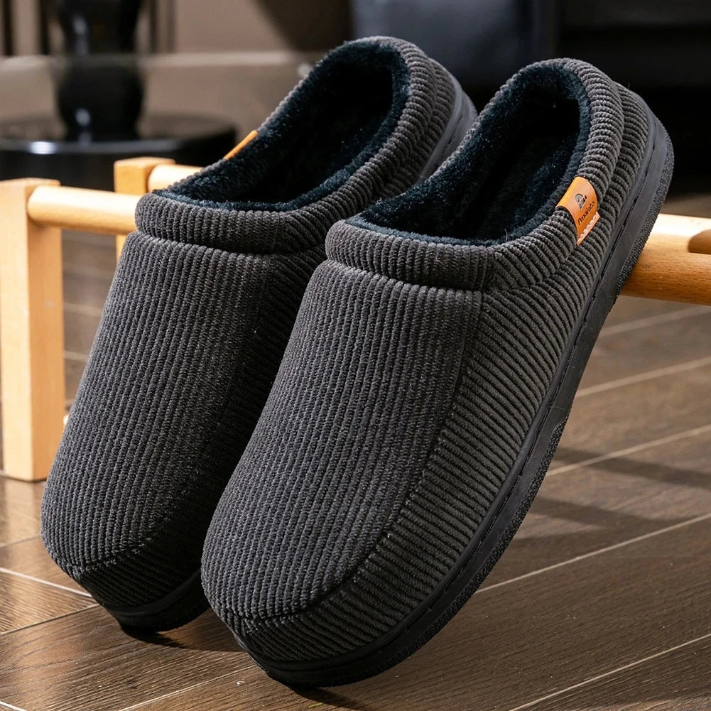 Warm Slippers for Men TPR Sole Memory Foam Soft Cushion Non Slip Stripe Design Comfortable Corduroy House Shoes