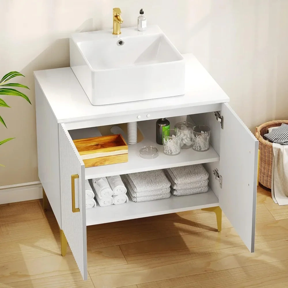 30 Inch Bathroom cabinet & Sink, Freestanding Storage Cabinet w/Engineered Stone Countertop, 2 Large Soft Closing Doors w/Shelf
