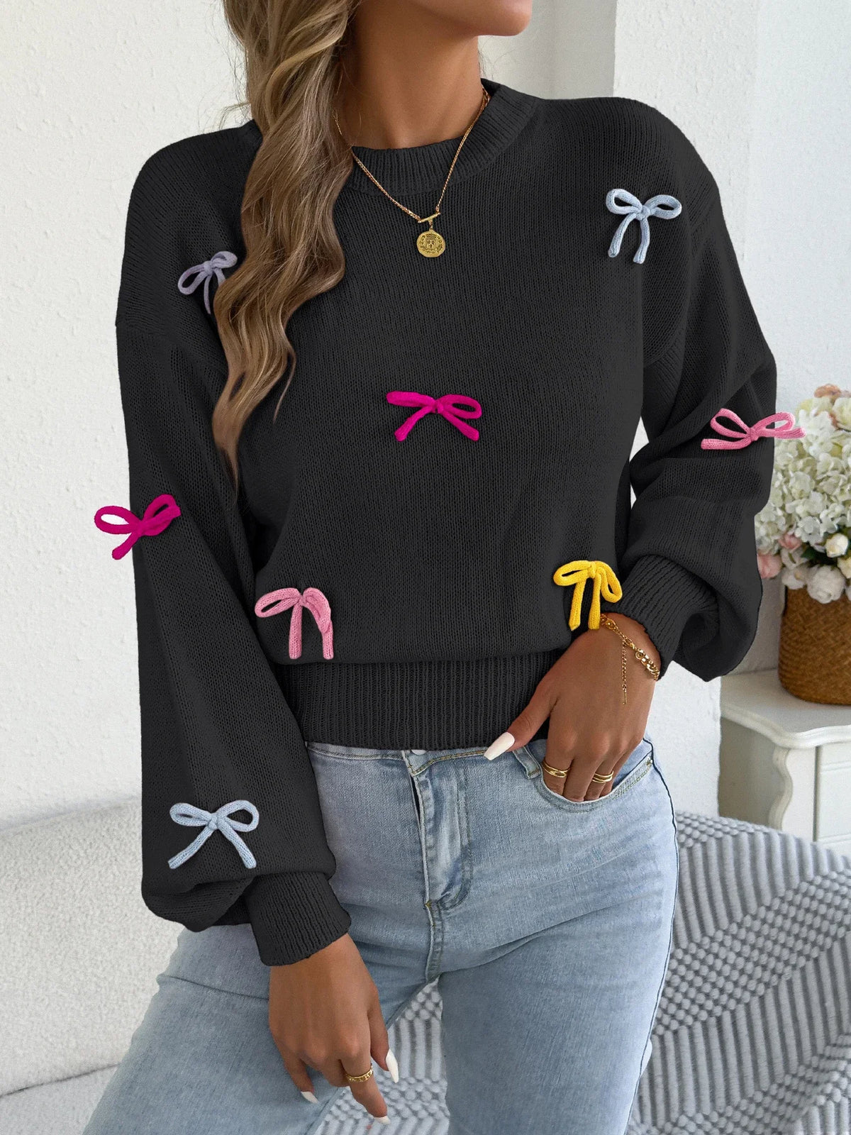 2025 Fashion Contrast Color Bows Knitted Sweaters Round Neck Lantern Long Sleeve Tops for Autumn Winter Casual Women Clothes
