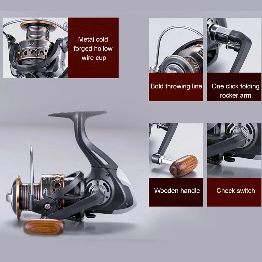 Spinning Reels Saltwater Freshwater Casting Fishing Reel Tackle with Wood Handle Max Drag Power Fishing Reel for Freshwater