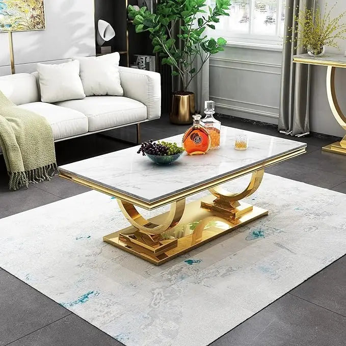 Luxury Marble Coffee Table with Gold Stainless Steel Pedestal Modern 47" Rectangle Coffee Table Elegant White Marble Center Tab