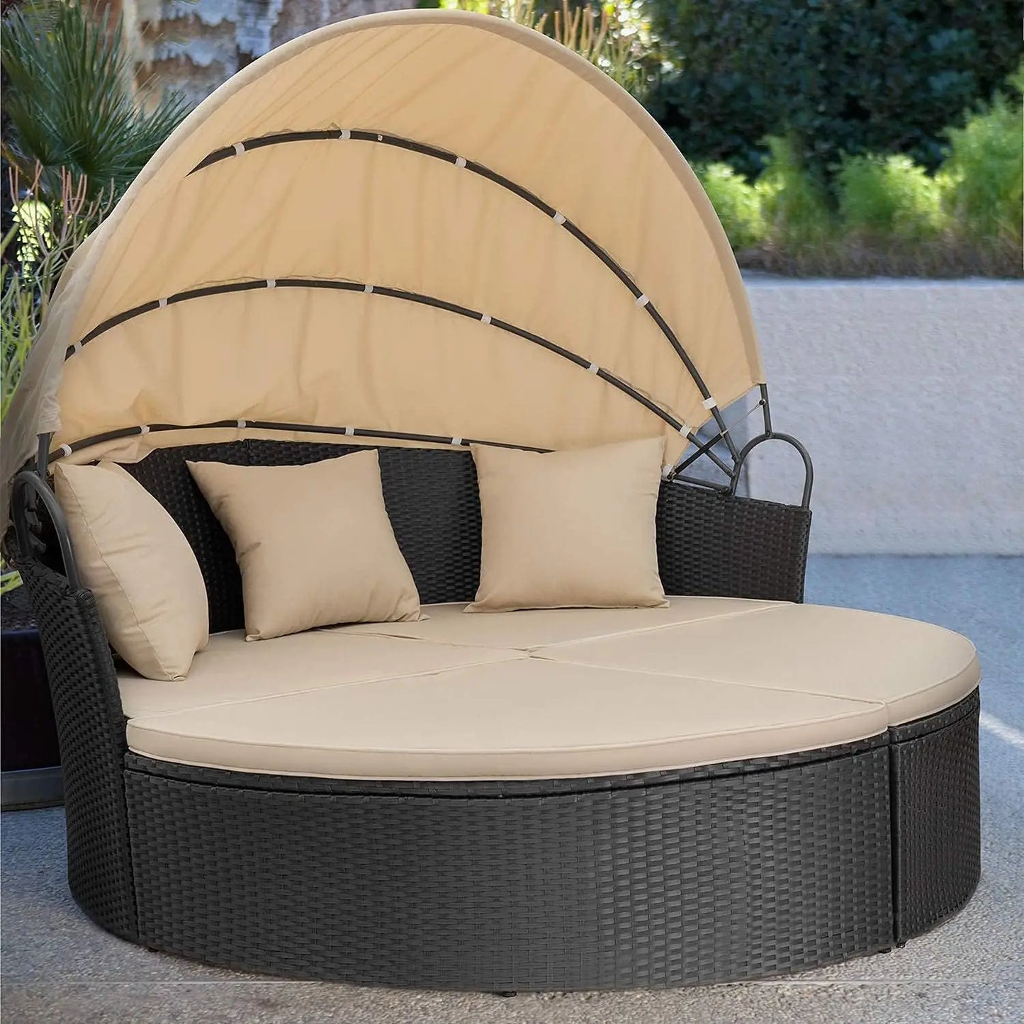 Patio Outdoor Daybed with Retractable Canopy Rattan Wicker Sectional Seating with Washable Cushions for Patio Backyard Porch Rou