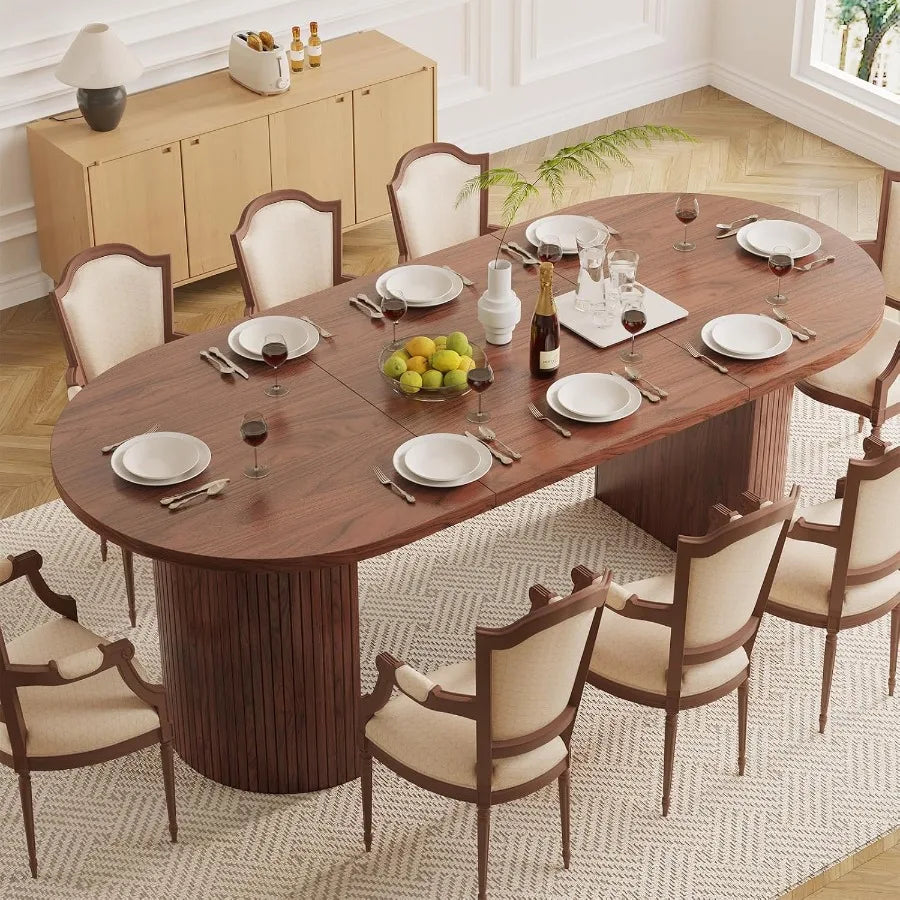 70.8 Inch Oval Dining Table for 48 People with Curved Fluted Wood Strip Base MidCentury Modern Design Kitchen and Living Room D
