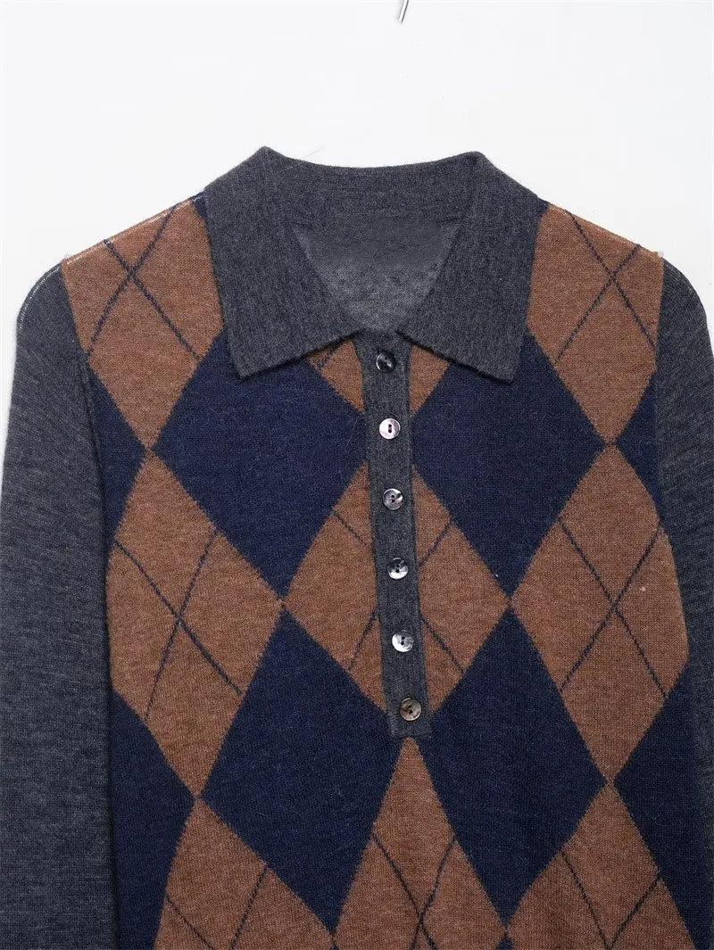 Women's Top 2025 Autumn New Style Color-Block Argyle Long-Sleeve Polo Collar Knit Sweater Casual Fashion Versatile