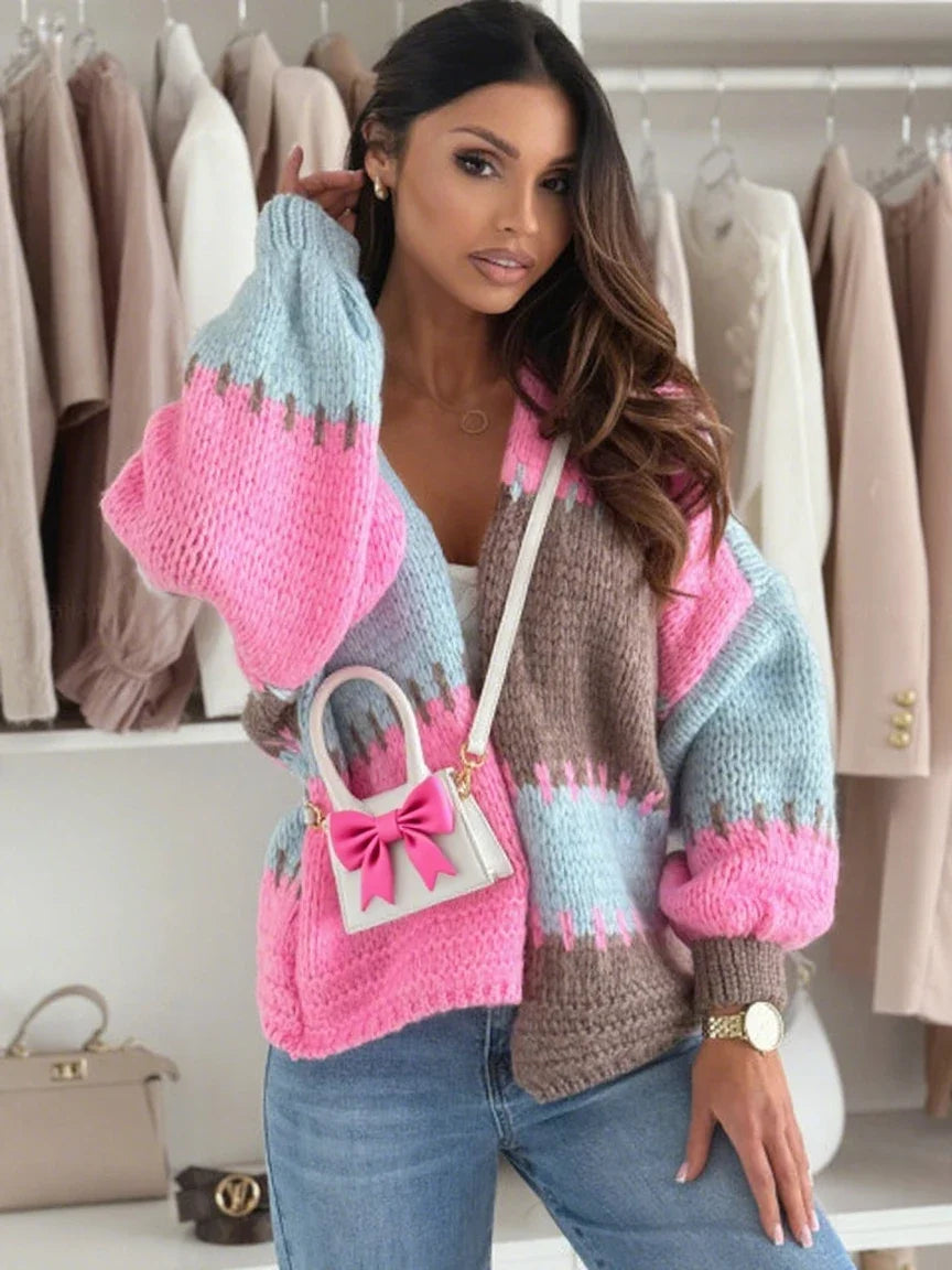 Women's contrasting casual lantern sleeve cardigan sweater  loose soft comfortable knit sweater jacket