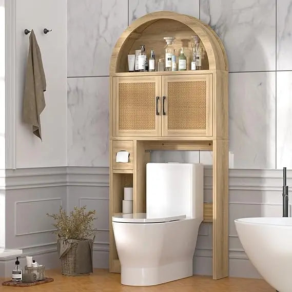 Over The Toilet Storage Cabinet, Bathroom Organizer Over Toilet with Rattan Doors, Arched Storage Organizer Cabinet with Anti-Ti