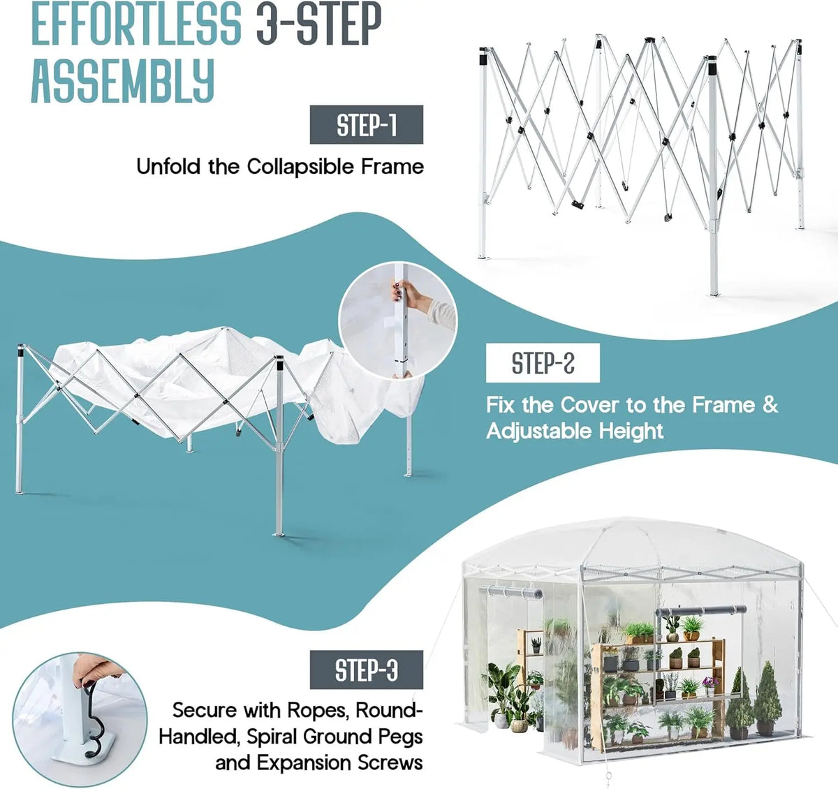 [New Arrival!]10×10×8.5 FT Outdoors Pop-up Greenhouses with Adjustable Reinforced Frame, Portable Walk in Greenhouse with 2 Roll