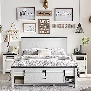 JXQTLINGMU Farmhouse Wood Bed Frame Full Size with Sliding Barn Door Storage Cabinets and Headboard, Solid Wood Slats Support, N