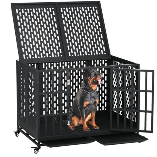 44 inch Heavy Duty Indestructible Dog Crate with Wheels and Trays for Large Medium Dogs High Anxiety Steel Kennel Strong Escape