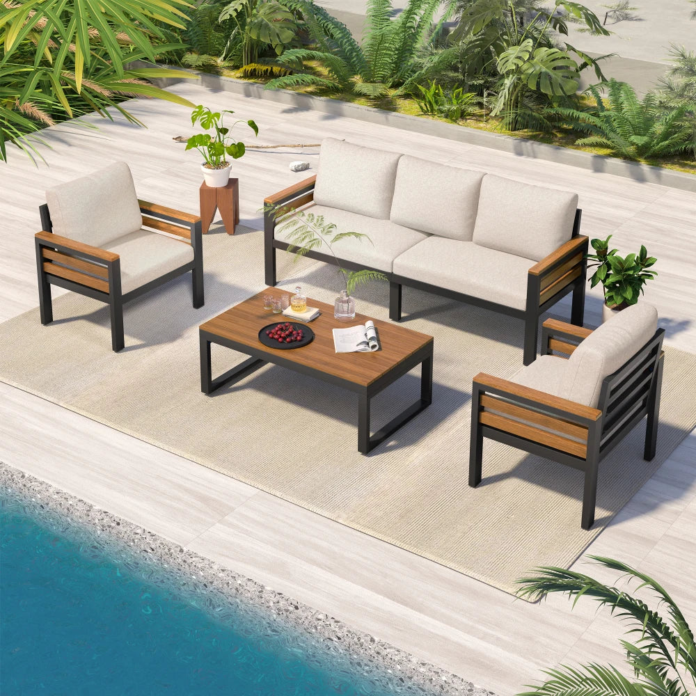 GO 4-Piece Outdoor Furniture Sofa Set for 5 People with Acacia Wood Armrests Patio Conversation Set with Removable Cushion