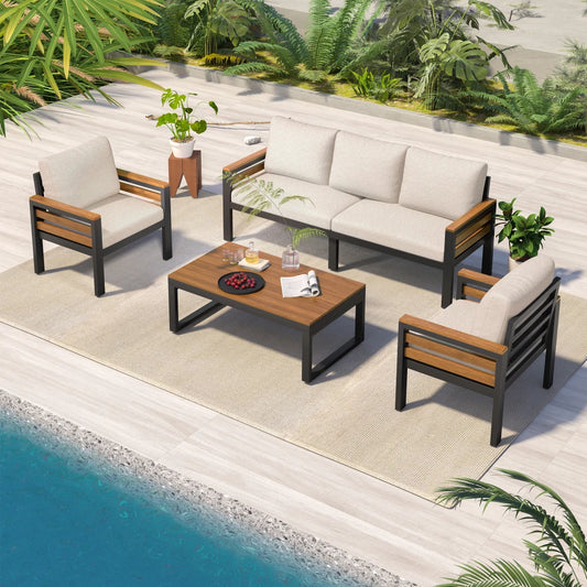 GO 4-Piece Outdoor Furniture Sofa Set for 5 People with Acacia Wood Armrests Patio Conversation Set with Removable Cushion