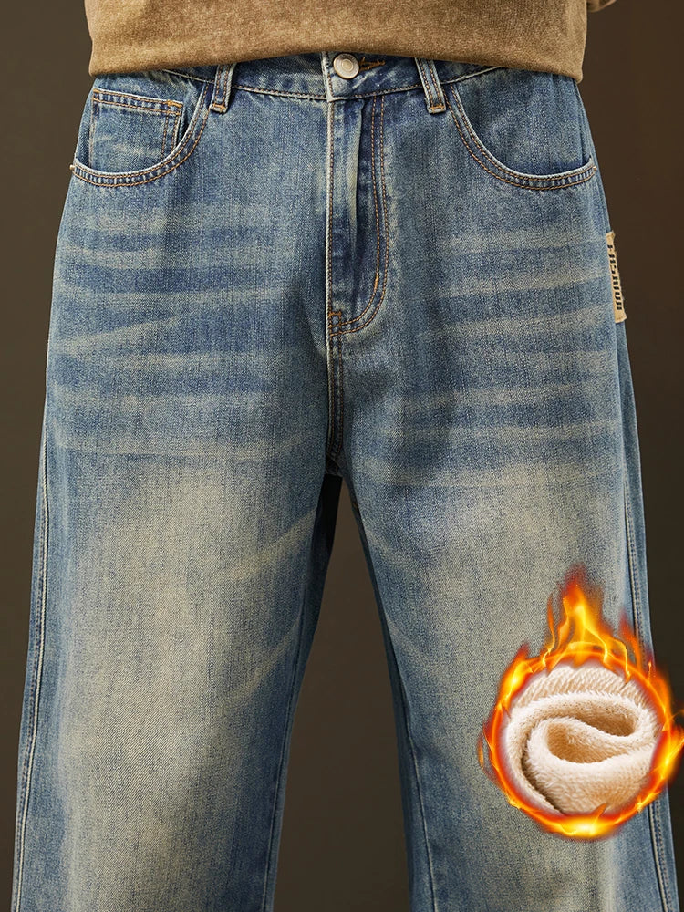 Winter Warm Fleece Jeans Men's Thickened Loose Wide-leg Denim Pants Vintage Wash Casual Straight Velvet Trousers Streetwear