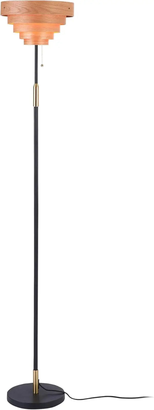 Cascade Floor Lamp, Modern Wooden Shade, E26, Pull Chain, Metal Base, Black – For Living Room, Bedroom, Office