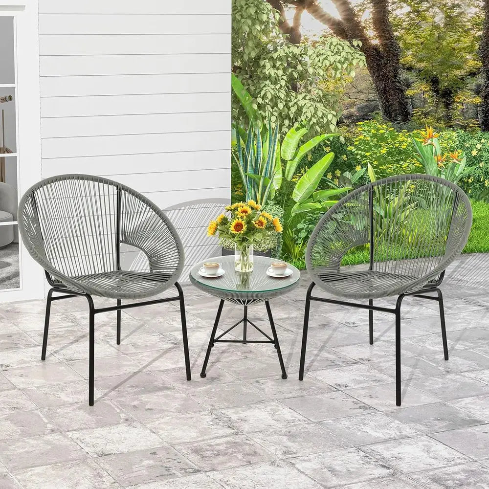 All-Weather Acapulco Patio Set with Plastic Rope Chairs and Tempered Glass Table for Outdoor Spaces (Grey)