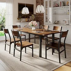 6-8 Seater Dining Table Set with 6 Chairs, 63" Extendable Kitchen Table Set, Solid Metal Frame Dining Room Table