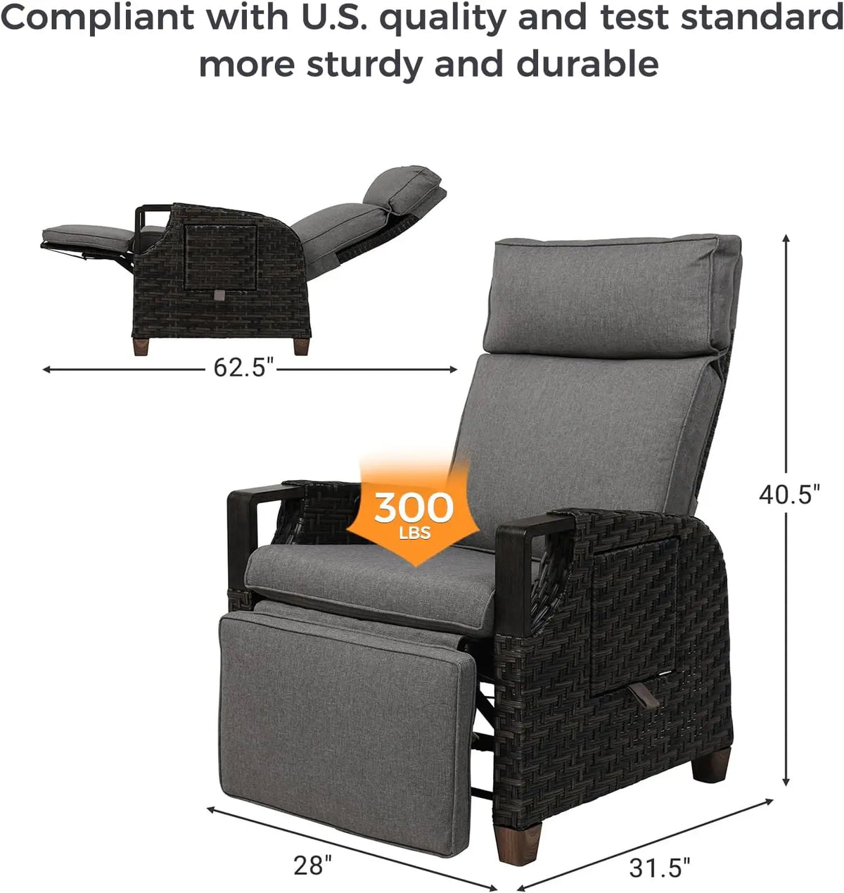 Outdoor Recliner with Independent Adjustable Back and Footrest, Air Pump 150° Lay Flat Chair With Olefin Cushion Flip-Up Table