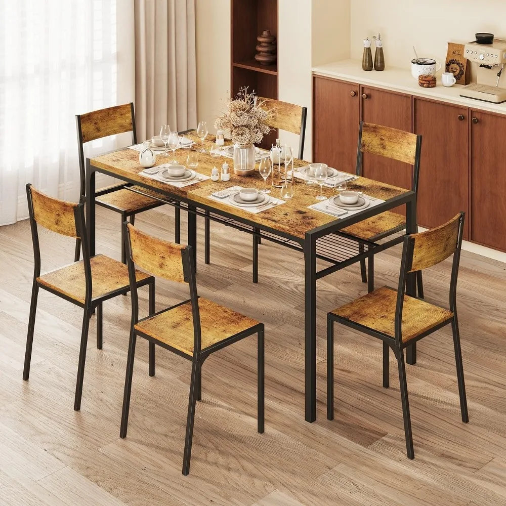 Dining Table Set for 6 with Chairs, 7-Piece Kitchen Table Set for Small Space, Apartment, Kitchen, Dining Room, Space-Saving