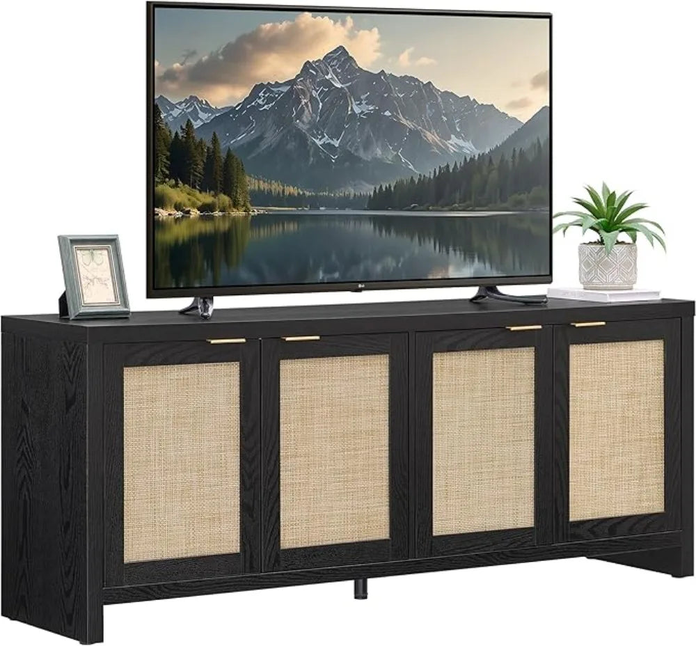 4 Rattan Cabinets Farmhouse Television Stands with Storage Large Media Console Table for TVs up to 45 50 55 60 65 Inch