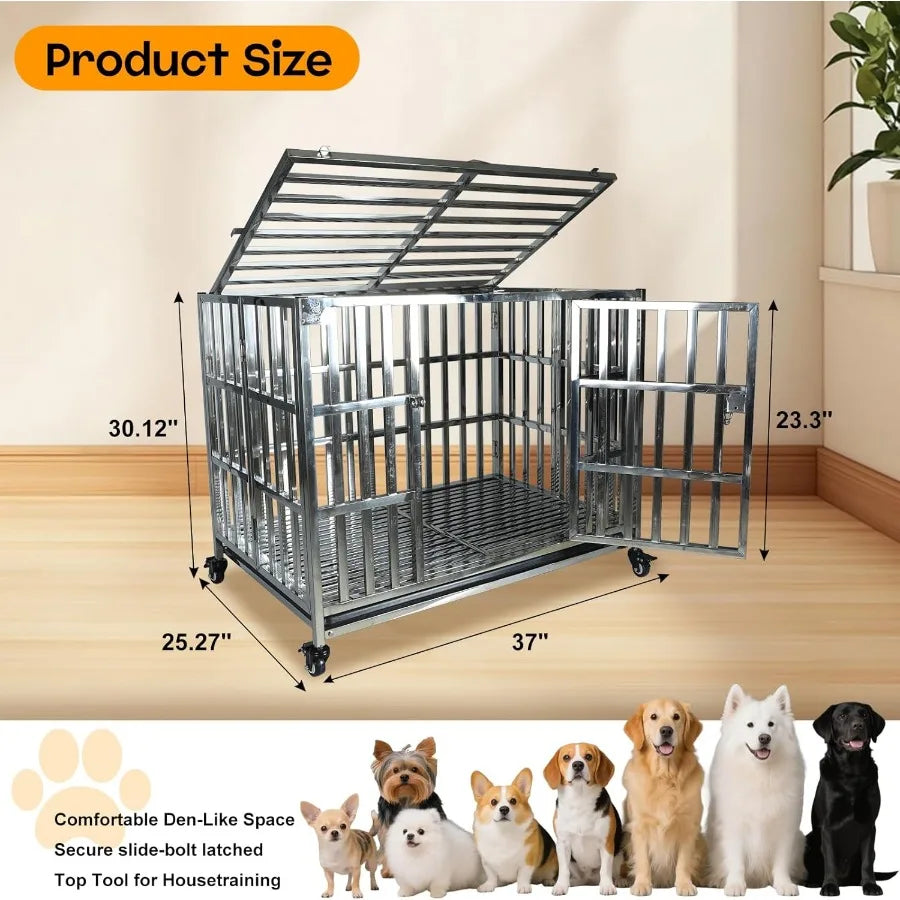 Heavy Duty Large Dog Crate Stainless Steel Dog Crate Cage Kennel with Rolling Wheels Double Door Removable Tray for Large Breed