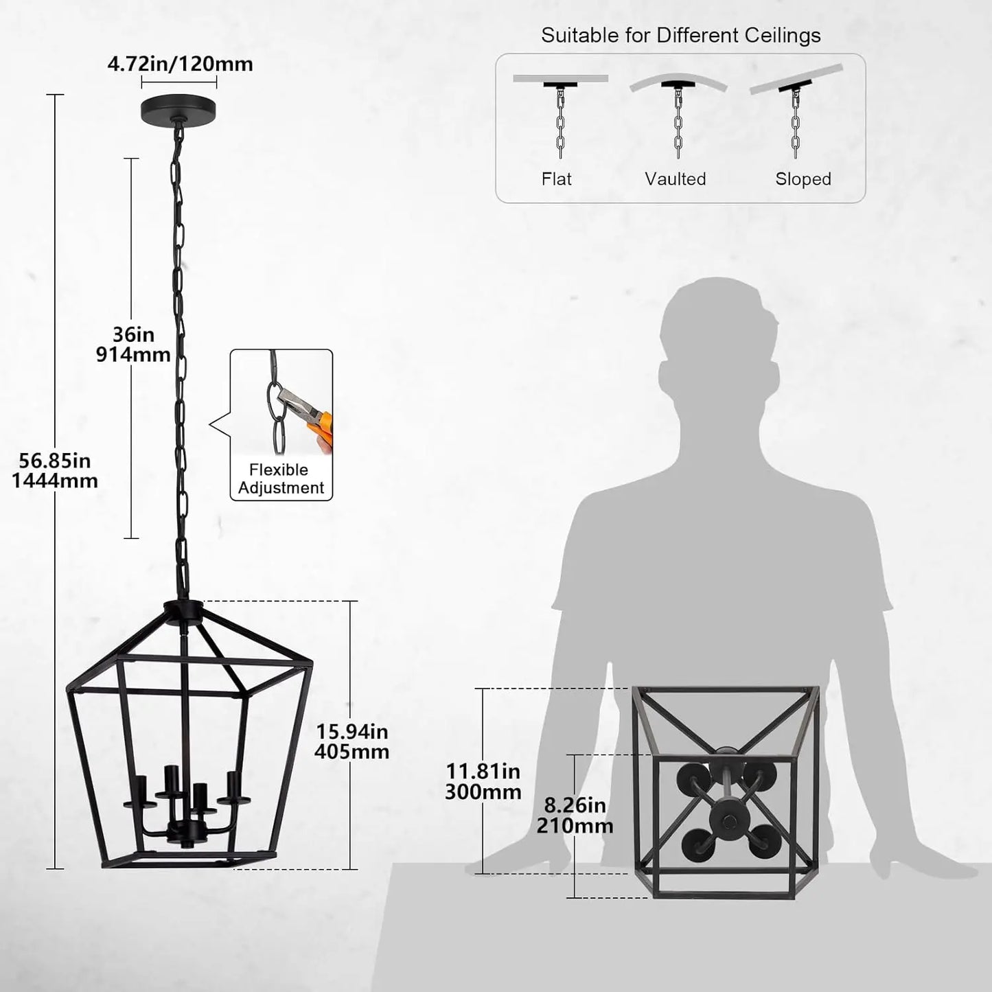 4 Light Chandelier, Industrial Ceiling Light Black Lantern Light Fixtures with Farmhouse Metal Cage Adjustable Height Rustic Geo