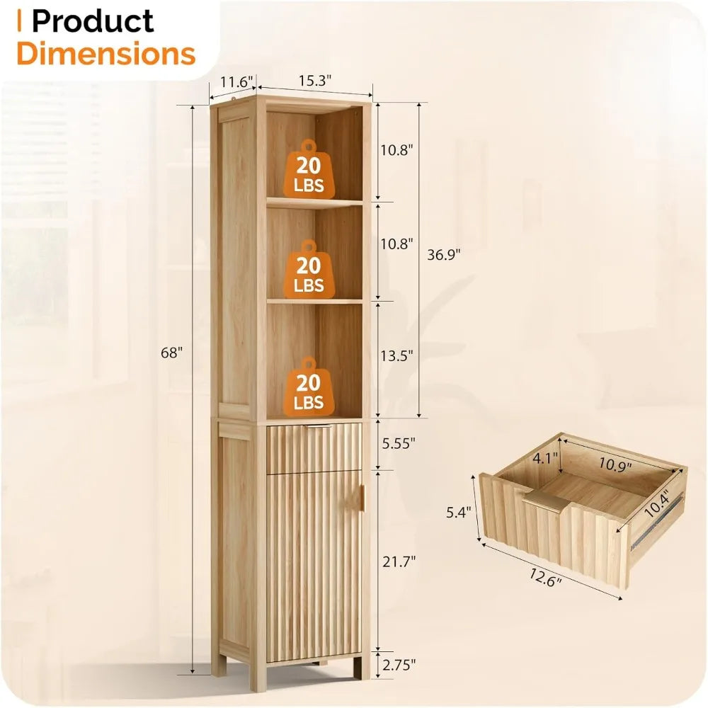 Narrow Fluted Bathroom Floor Skinny Storage Cabinet with 1 Fluted Door&Drawer,68 Tall Narrow12 Inch Deep Slim Bathroom St