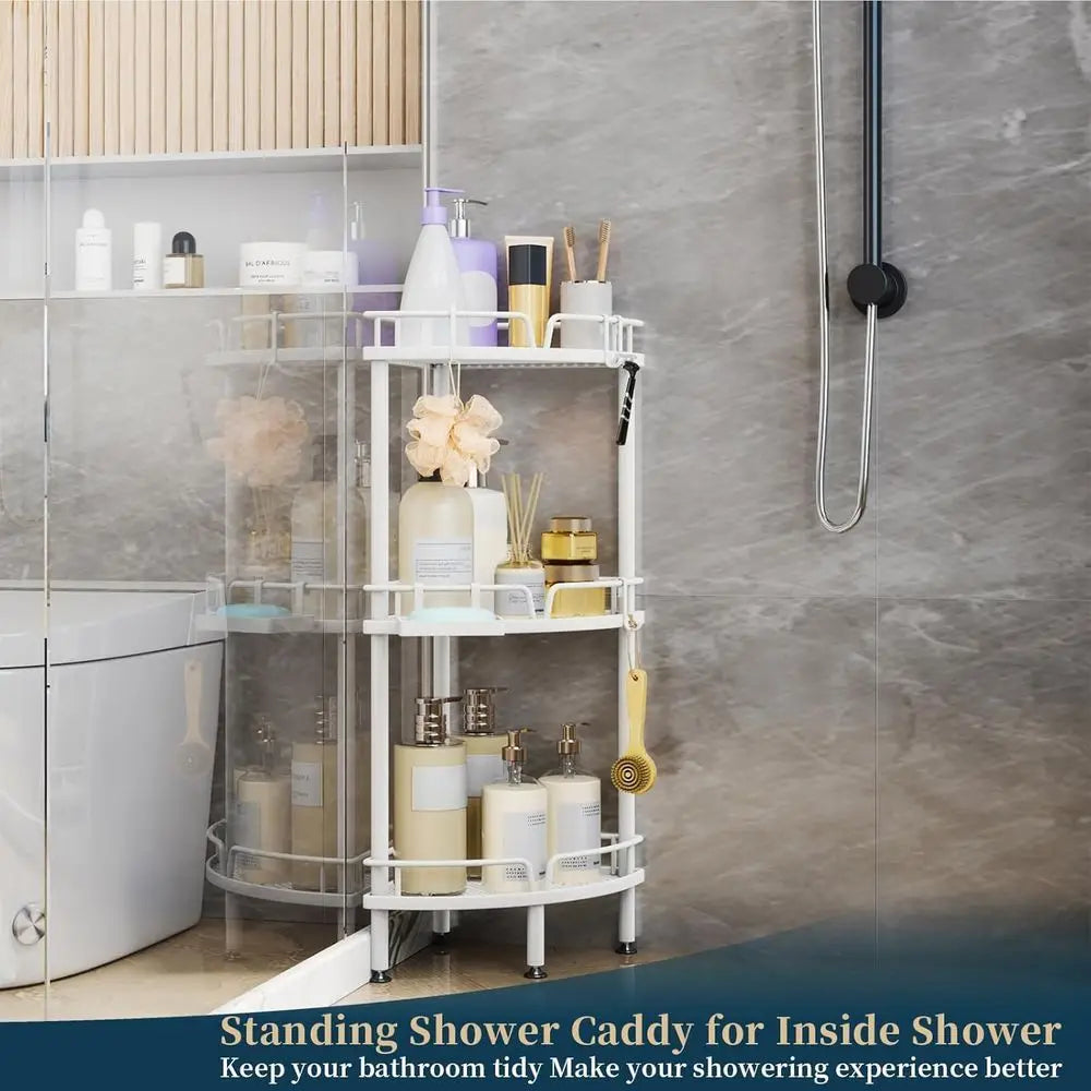 3-Tier Corner Shower Organizer with Soap Dish, Adjustable Floor Rack, Hooks, White Bathroom Shelf