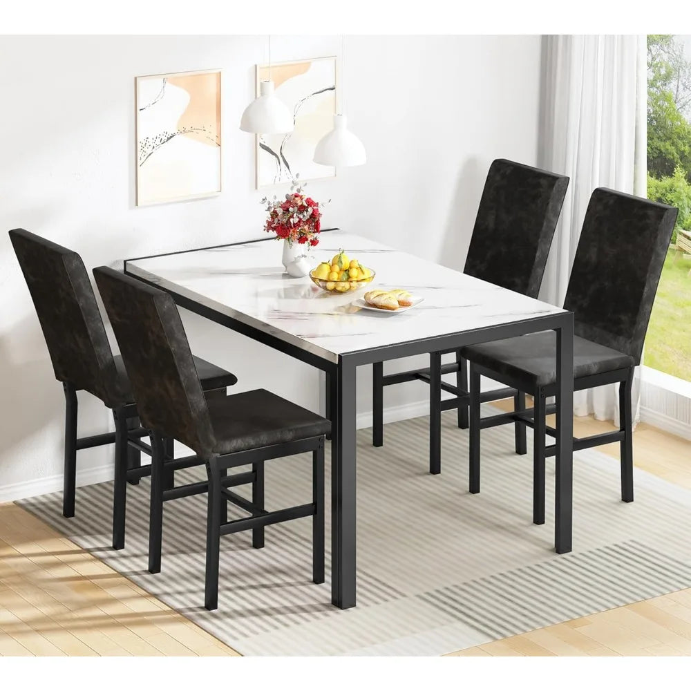 AWQM Products 5-Piece Marble Dining Set, Modern Kitchen Table and Chairs for Dining Room, Dinette, Compact Space Saving Furnitur