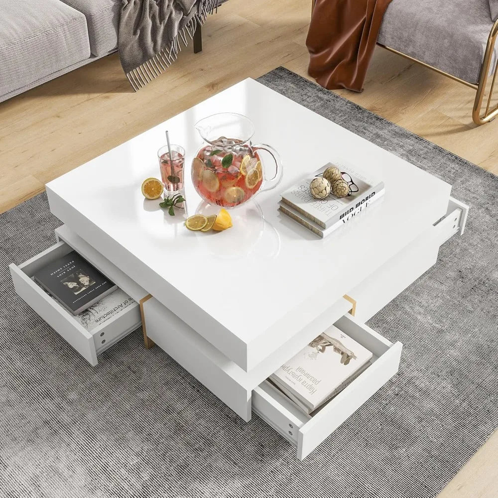Coffee Table, Modern High Gloss Coffee Table with 4 Drawers, Multi-Storage Square Center Cocktail Table with Wood Grain Legs fo