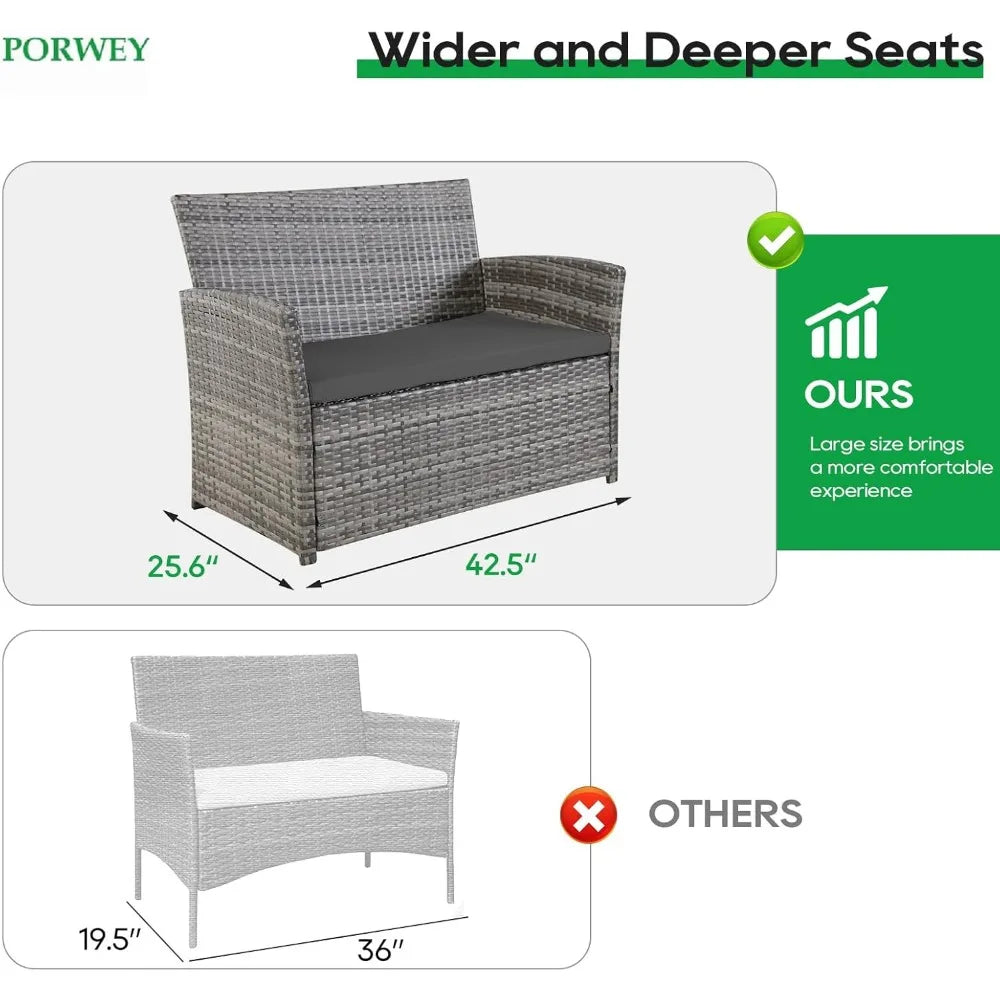 Patio Outdoor Furniture 4 Pieces Sectional Sofa Set Balcony Furniture Wicker Rattan Chairs with Table and Loveseat for Garden