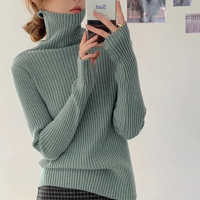 Autumn Winter Warm Thick Women Sweater Pullover Basic Korea Ribbed Sweaters Cotton Tops Knitted Solid Turtleneck with Thumb Hole