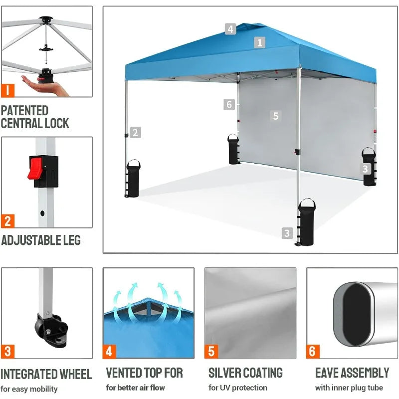 CROWN SHADES 10x10 Pop Up Canopy with 1 Side Wall - Beach Tent with One Push Setup - Gazebo with STO-N-Go Cover Bag (Sky Blue)