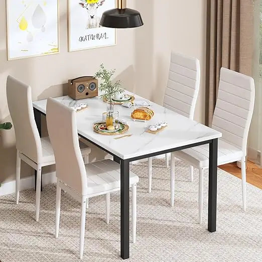 4-Piece Dining Set with Faux Marble Table and PU Leather Chairs for Small Spaces