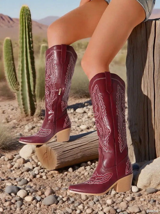 Vintage Embroidered Western Cowgirl Boots For Women Point Toe Chunky Heels Cowboy Knee High Boots Outdoor Shoes Fall Winter