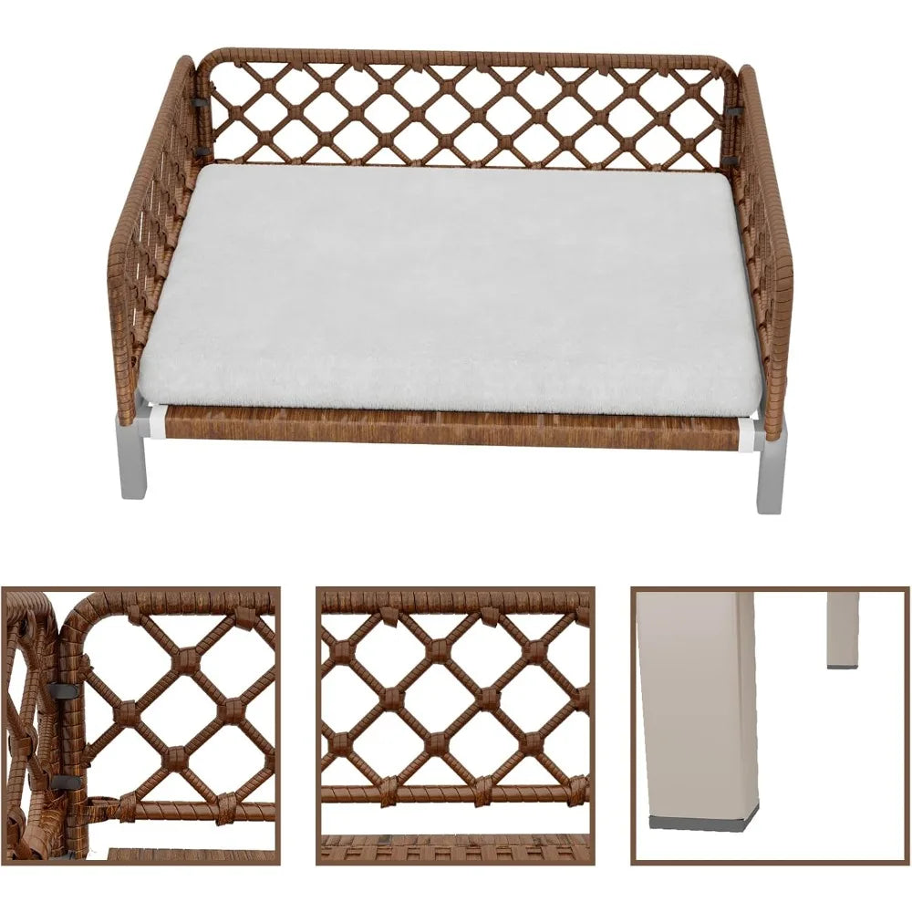 brown wicker orthopedic dog bed with removable washable cushion and egg crate foam support for outdoor use