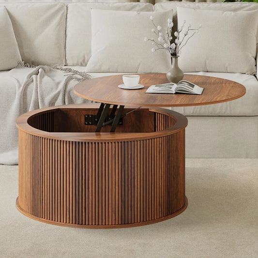 "Round Fluted Lift-Top Coffee Table with Storage for Farmhouse Style Living Room and Dining Area"
