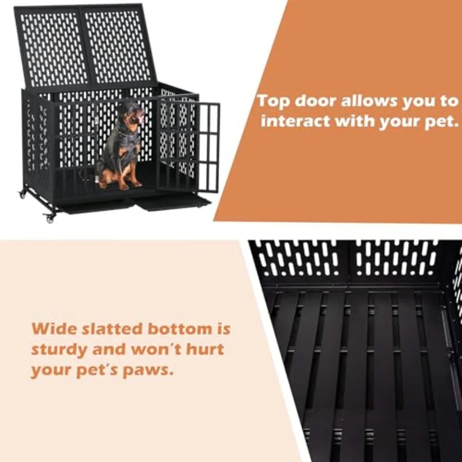 44 inch Heavy Duty Indestructible Dog Crate with Wheels and Trays for Large Medium Dogs High Anxiety Steel Kennel Strong Escape