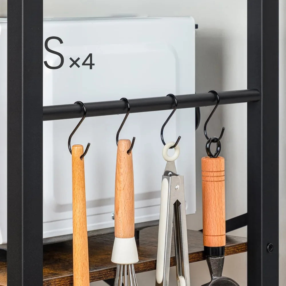 Bakers Rack with Power Outlet, 68.1inch Height Microwave Stand with 4 S-Shaped Hooks, 7-Tier Kitchen Storage Shelf Rack,