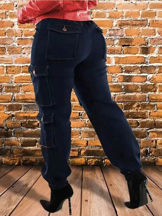 Women's Deep Blue Elastic Waist Drawstring Strap Multi Pocket Work Decoration Body Jeans