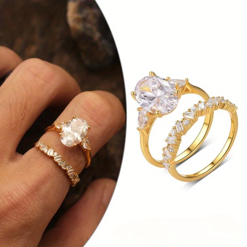 2PC S925 Sterling Silver 4.5CT Oval Moissanite Ring Fine Jewelry Plated with 18k Gold Suitable for Gift Giving Anniversary