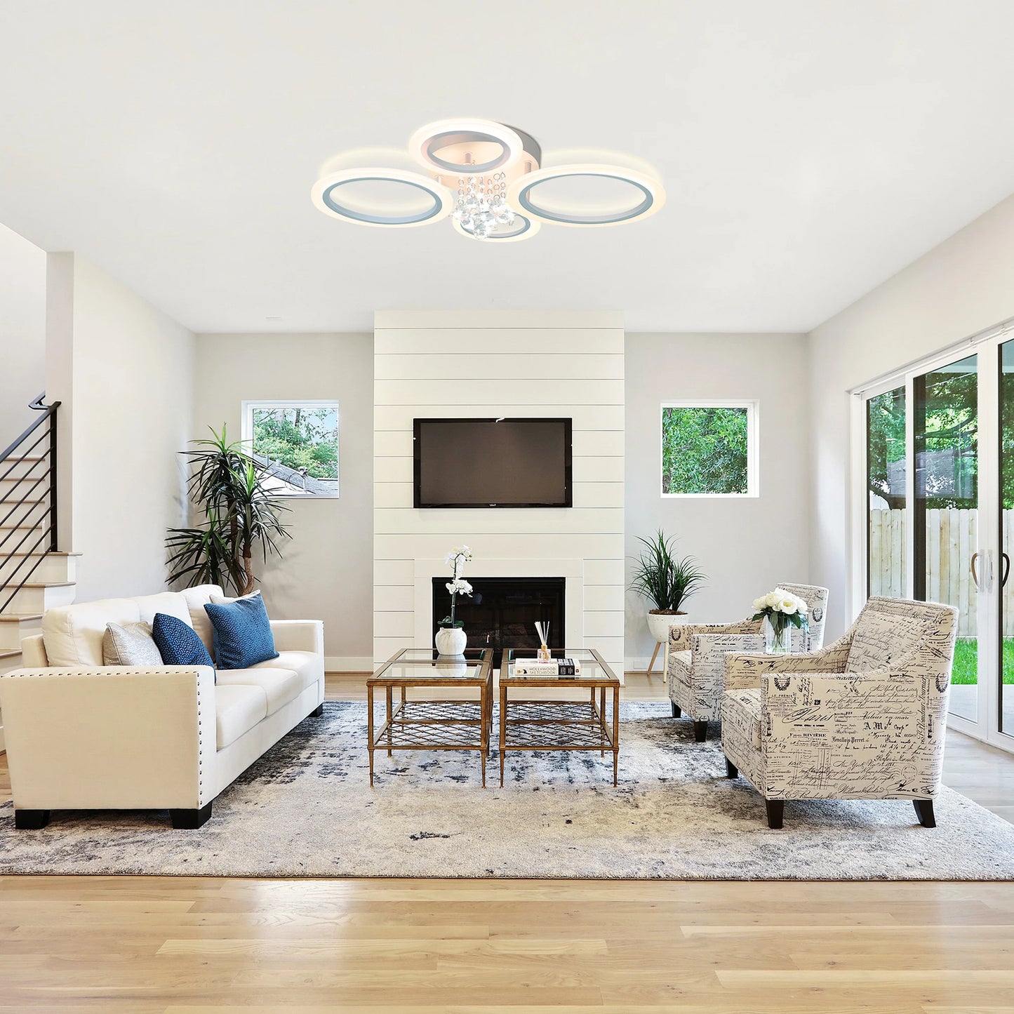 Dimmable Modern Flush Mount Ceiling Lighting Fixture White 4 Rings Round Chandelier Ceiling Lamp for Small Room, Bedroom