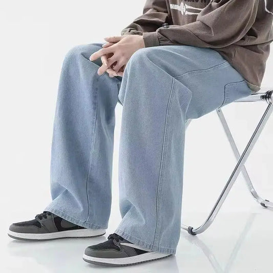 2022 New Streetwear Loose Jeans Men Korean Style Fashion Loose Straight Wide Leg Pants Men's Brand Clothing Black Light Blue