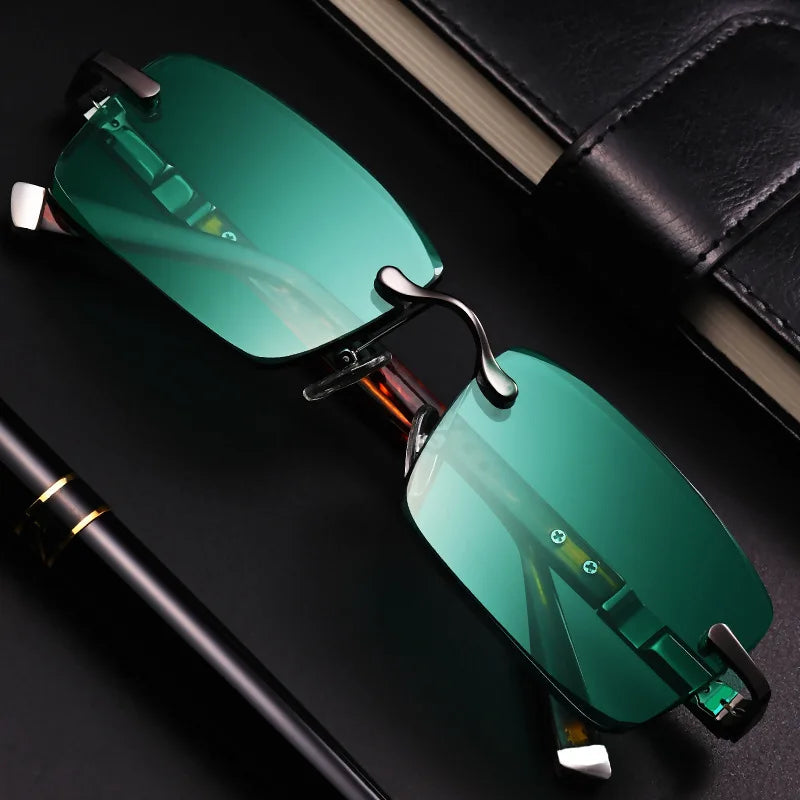 Fashion Square Rimless Sunglasses Women Men Crystal Dark Green Lens Sun Glasses Retro Glasses Outdoor Driving Eyeglasses